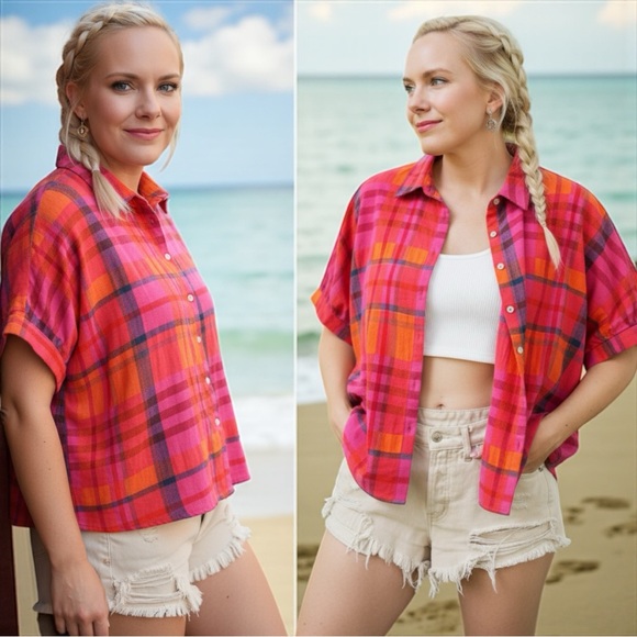 BiBi Fuchsia Pink & Orange Button Up Dolman Sleeve Plaid Shirt NWT - Picture 6 of 12